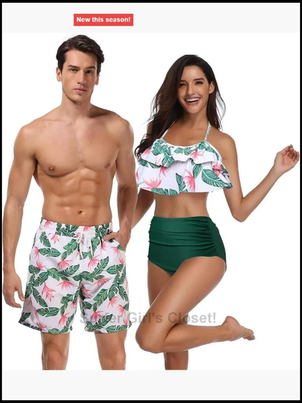 Tropical Leaf Couples Matching Bikini Set with Swim Trunks